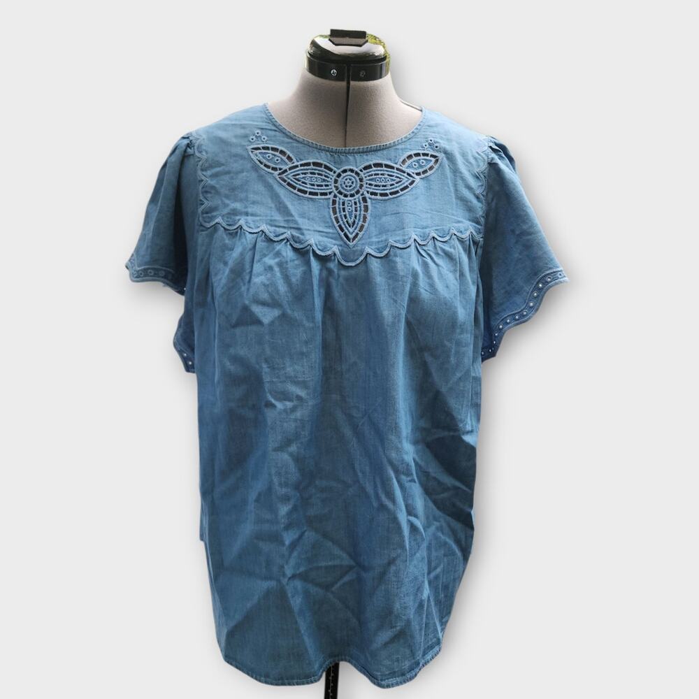 Lane Bryant Blouse Women's 18/2X Chambray Flutter Short Sleeve Cottagecore NWT